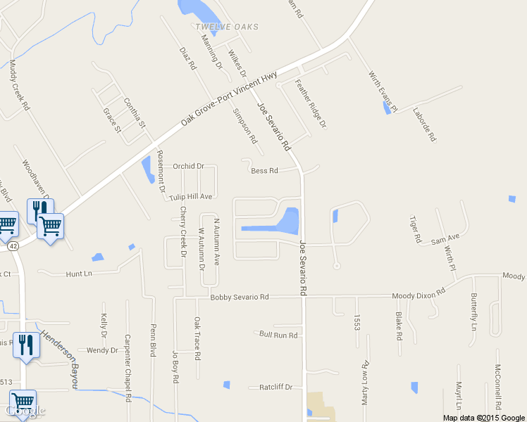 map of restaurants, bars, coffee shops, grocery stores, and more near 41454 Hearthstone Avenue in Prairieville