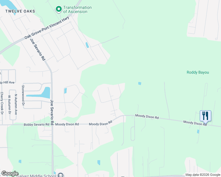 map of restaurants, bars, coffee shops, grocery stores, and more near 17424 Wirth Place in Prairieville