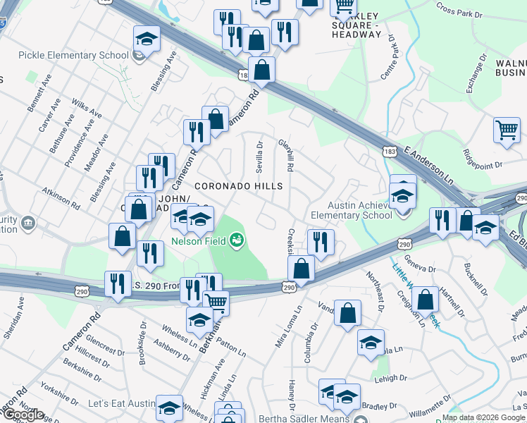 map of restaurants, bars, coffee shops, grocery stores, and more near 7259 Coronado Circle in Austin