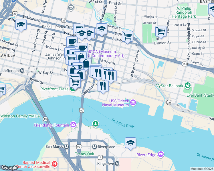 map of restaurants, bars, coffee shops, grocery stores, and more near 200 East Bay Street in Jacksonville