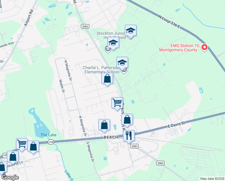 map of restaurants, bars, coffee shops, grocery stores, and more near 2325 Shady Tree Lane in Conroe