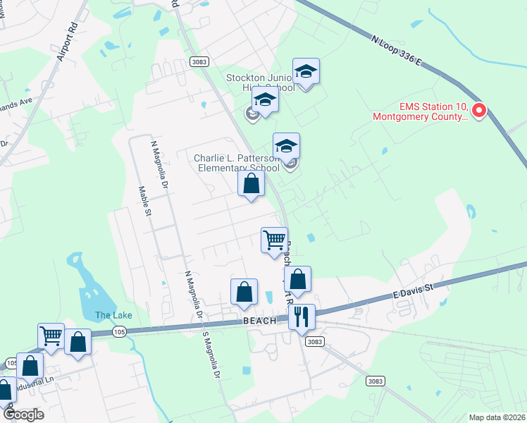 map of restaurants, bars, coffee shops, grocery stores, and more near 2325 Shady Tree Lane in Conroe