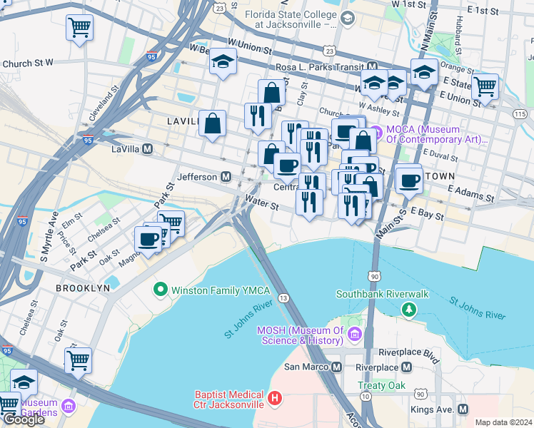 map of restaurants, bars, coffee shops, grocery stores, and more near 550 Water Street in Jacksonville