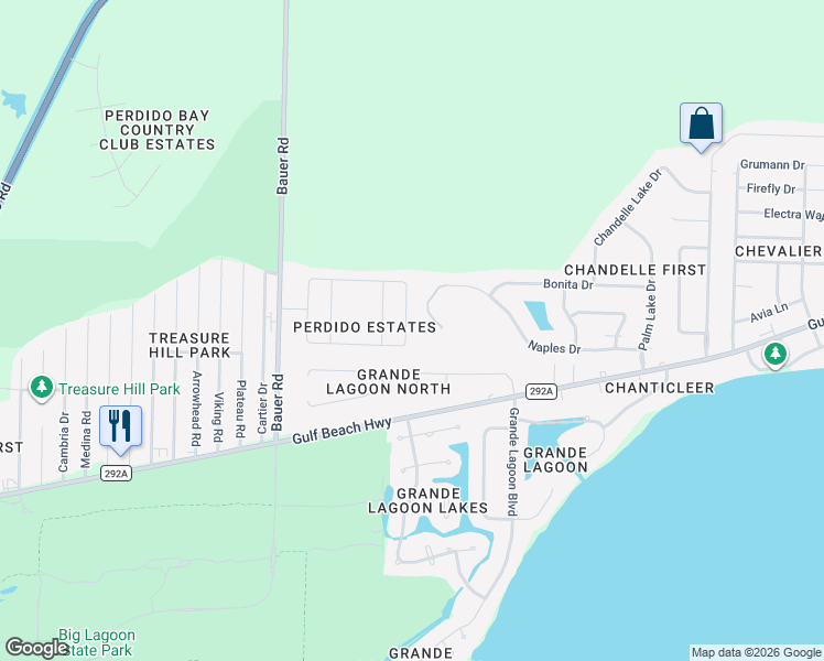 map of restaurants, bars, coffee shops, grocery stores, and more near 5065 Terra Lake Circle in Pensacola