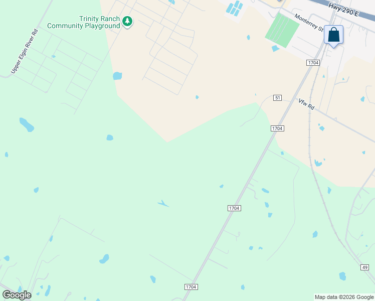 map of restaurants, bars, coffee shops, grocery stores, and more near 1338 Farm to Market Road 1704 in Elgin
