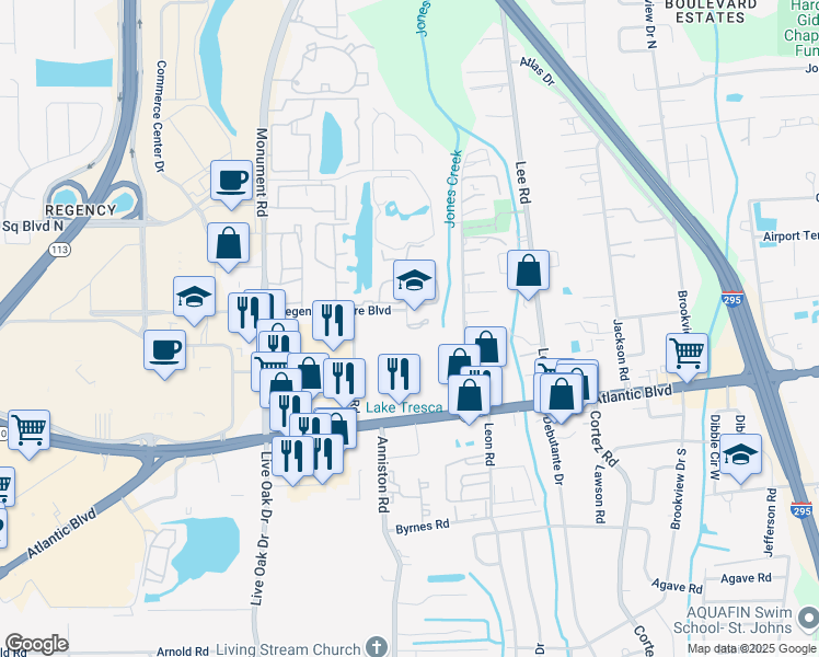 map of restaurants, bars, coffee shops, grocery stores, and more near 9920 Regency Square Boulevard in Jacksonville