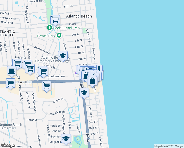 map of restaurants, bars, coffee shops, grocery stores, and more near 68 Ocean Boulevard in Atlantic Beach
