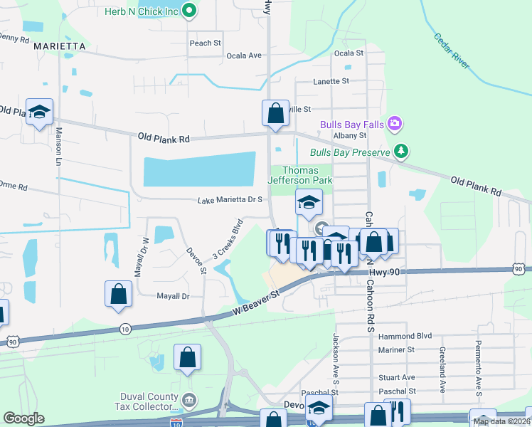 map of restaurants, bars, coffee shops, grocery stores, and more near 8351 3 Creeks Boulevard in Jacksonville