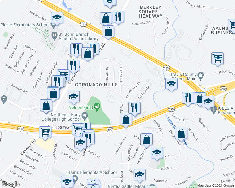 map of restaurants, bars, coffee shops, grocery stores, and more near 1708 Coronado Hills Drive in Austin