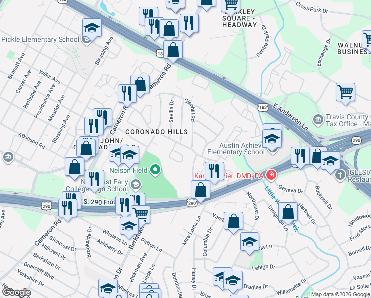 map of restaurants, bars, coffee shops, grocery stores, and more near 7259 Coronado Circle in Austin