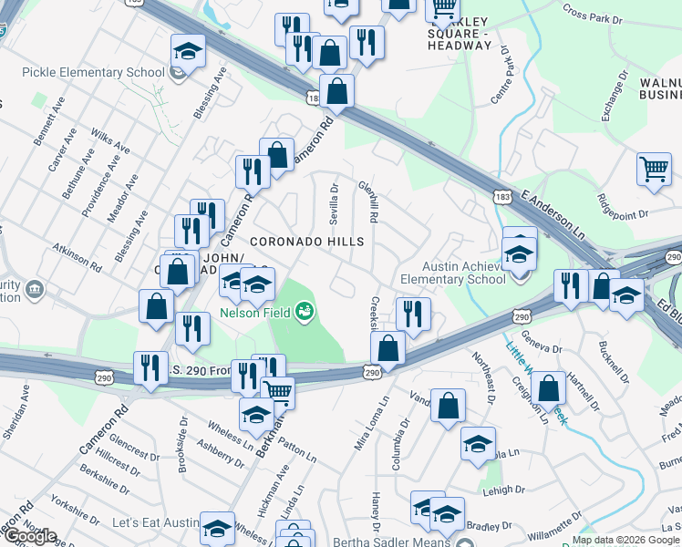 map of restaurants, bars, coffee shops, grocery stores, and more near 7259 Coronado Circle in Austin
