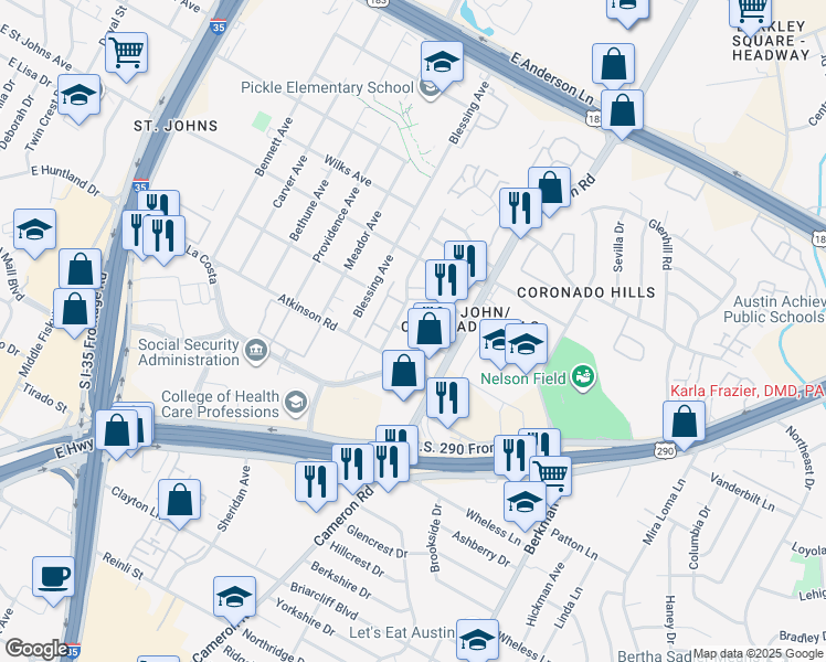 map of restaurants, bars, coffee shops, grocery stores, and more near 1220 Camino La Costa in Austin