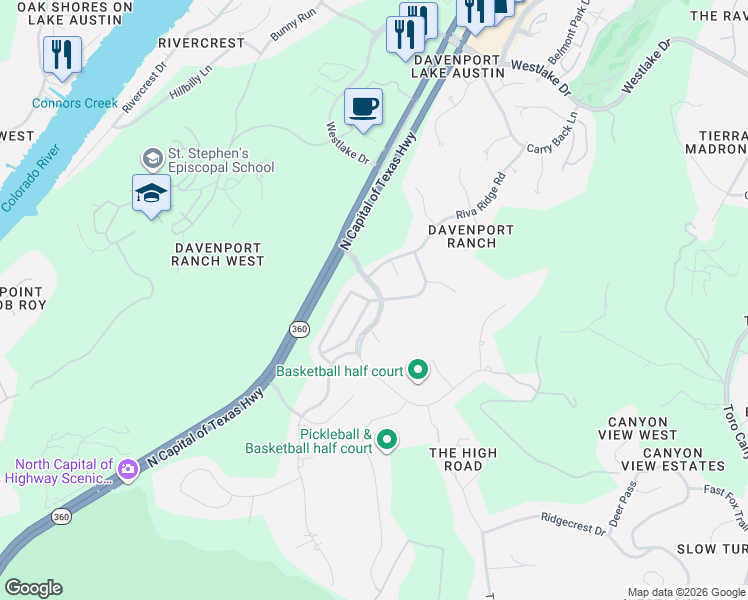 map of restaurants, bars, coffee shops, grocery stores, and more near 2801 Round Table Road in Austin
