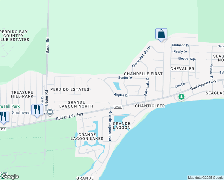 map of restaurants, bars, coffee shops, grocery stores, and more near Naples Drive in Pensacola