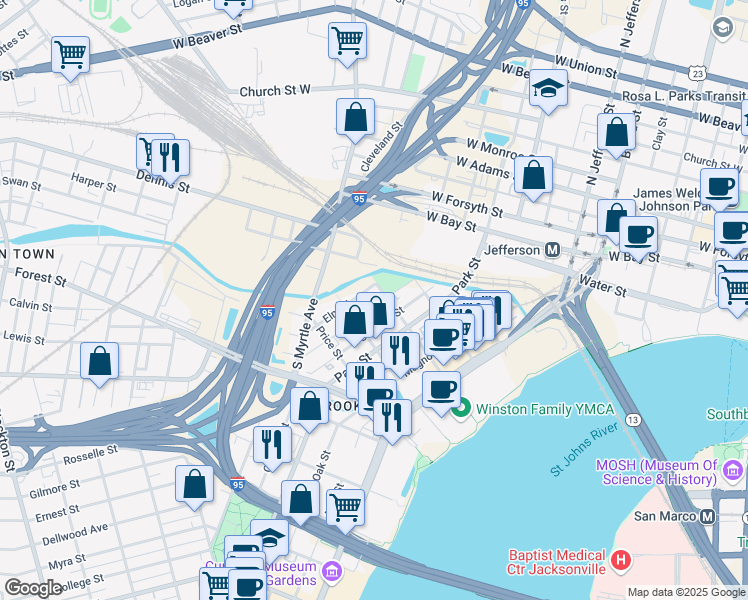 map of restaurants, bars, coffee shops, grocery stores, and more near 218 Spruce Street in Jacksonville