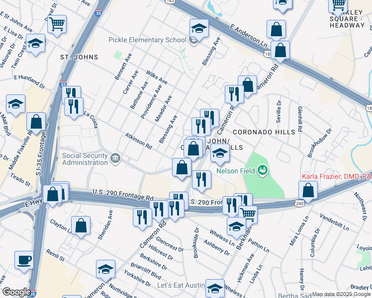 map of restaurants, bars, coffee shops, grocery stores, and more near 1220 Camino La Costa in Austin