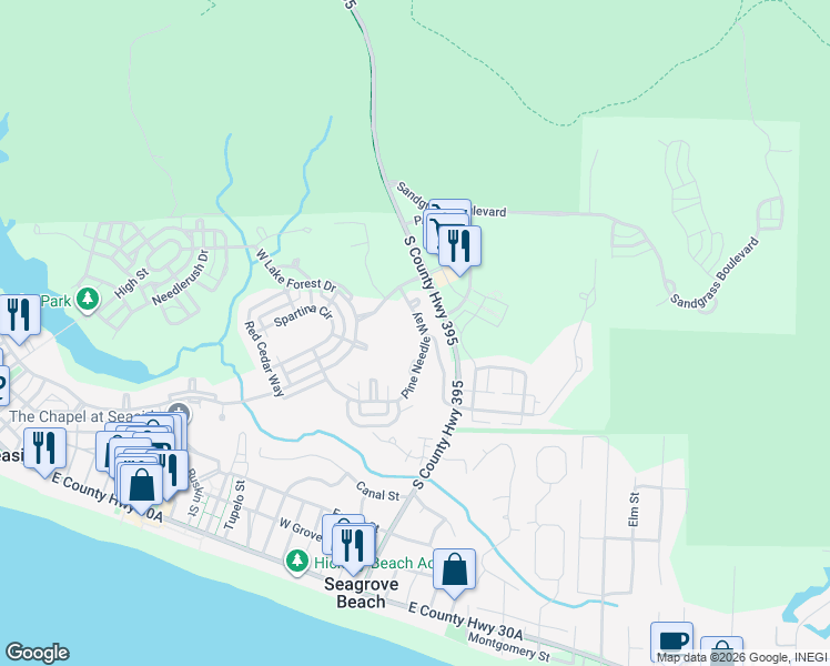 map of restaurants, bars, coffee shops, grocery stores, and more near 154 Pine Needle Way in Santa Rosa Beach