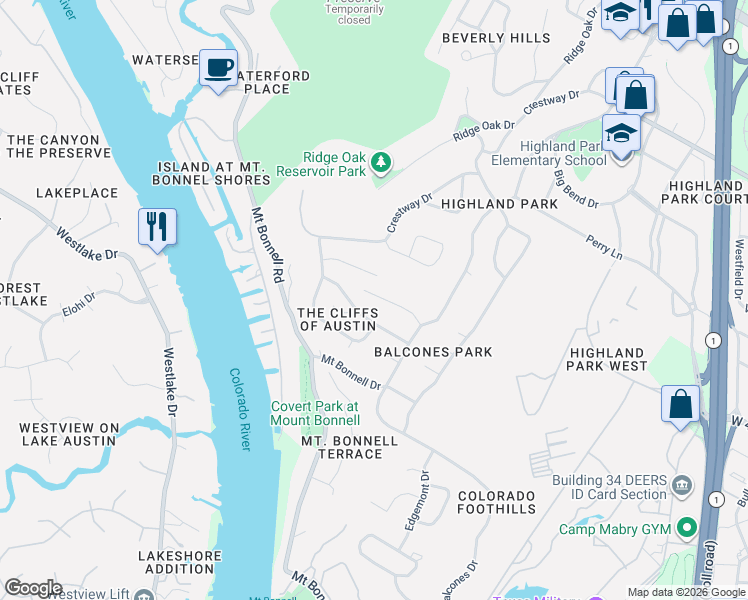 map of restaurants, bars, coffee shops, grocery stores, and more near 3415 Shinoak Drive in Austin