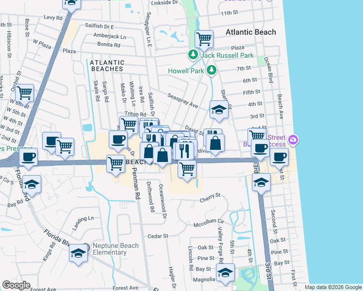 map of restaurants, bars, coffee shops, grocery stores, and more near 124 Magnolia Street in Atlantic Beach