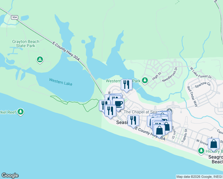 map of restaurants, bars, coffee shops, grocery stores, and more near 346 Western Lake Drive in Santa Rosa Beach