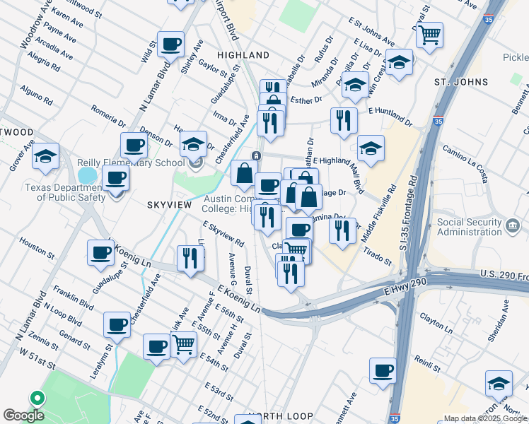 map of restaurants, bars, coffee shops, grocery stores, and more near 110 Jacob Fontaine Lane in Austin