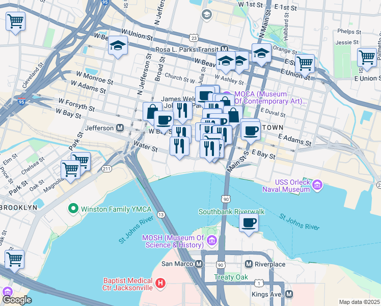 map of restaurants, bars, coffee shops, grocery stores, and more near 225 Water Street in Jacksonville