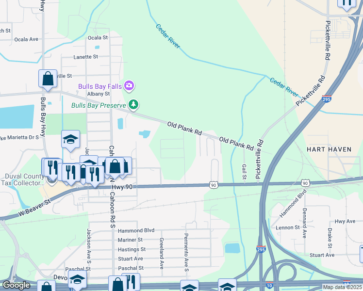 map of restaurants, bars, coffee shops, grocery stores, and more near 161 Permento Avenue in Jacksonville