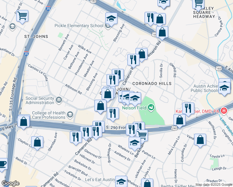 map of restaurants, bars, coffee shops, grocery stores, and more near 7110 1/2 Cameron Road in Austin