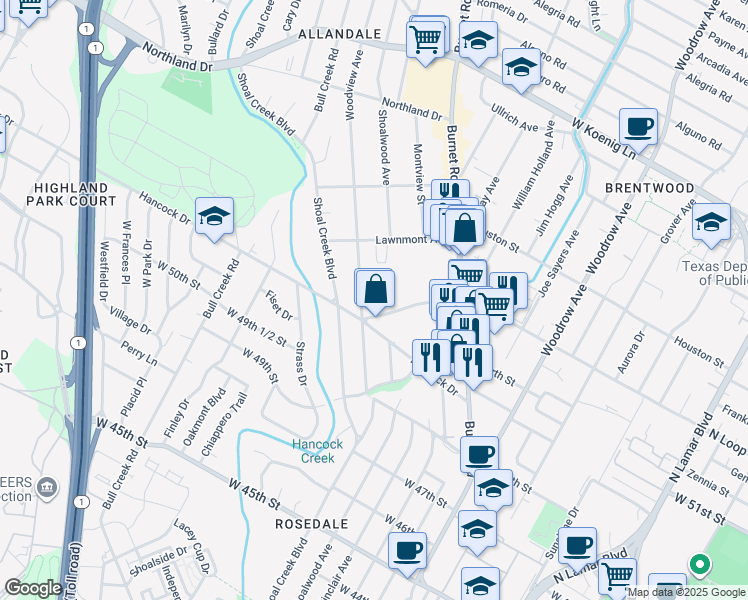 map of restaurants, bars, coffee shops, grocery stores, and more near 2304 West North Loop Boulevard in Austin