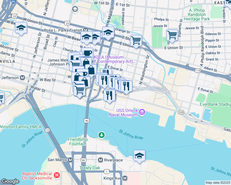 map of restaurants, bars, coffee shops, grocery stores, and more near 233 East Bay Street in Jacksonville