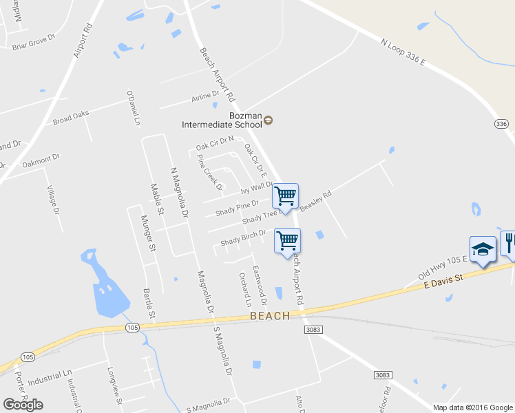 map of restaurants, bars, coffee shops, grocery stores, and more near 2312 Shady Pine Drive in Conroe