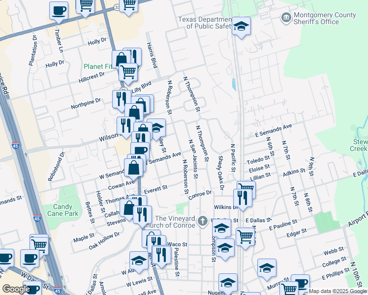 map of restaurants, bars, coffee shops, grocery stores, and more near 1417 North San Jacinto Street in Conroe