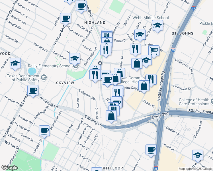 map of restaurants, bars, coffee shops, grocery stores, and more near 109 Jacob Fontaine Lane in Austin