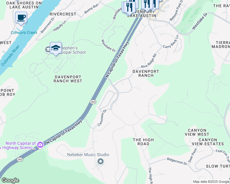 map of restaurants, bars, coffee shops, grocery stores, and more near 40 Davenport Rim in Austin