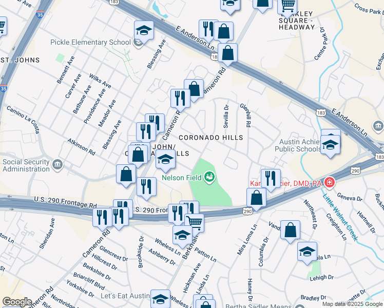 map of restaurants, bars, coffee shops, grocery stores, and more near 1521 Reagan Hill Drive in Austin