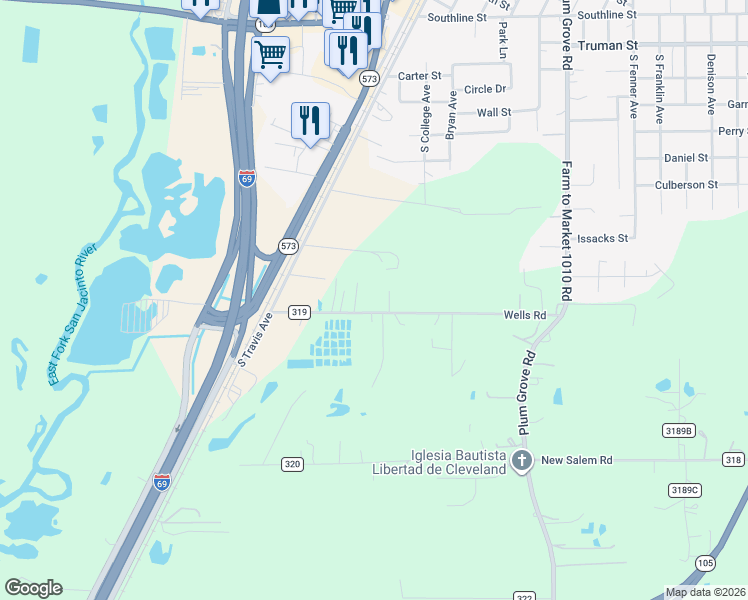 map of restaurants, bars, coffee shops, grocery stores, and more near 271 County Road 319 in Cleveland