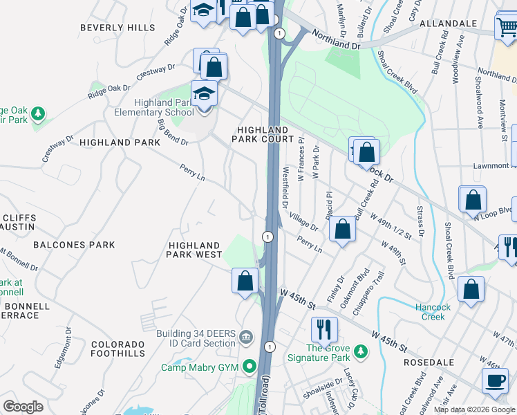 map of restaurants, bars, coffee shops, grocery stores, and more near 4701 Highland Terrace in Austin