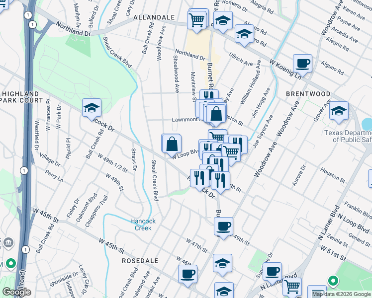map of restaurants, bars, coffee shops, grocery stores, and more near 2222 West North Loop Boulevard in Austin