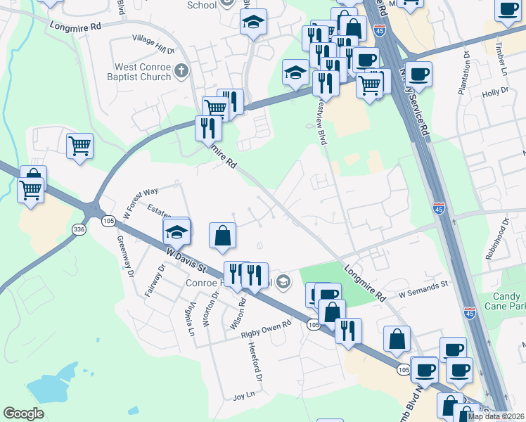 map of restaurants, bars, coffee shops, grocery stores, and more near 901 Longmire Road in Conroe