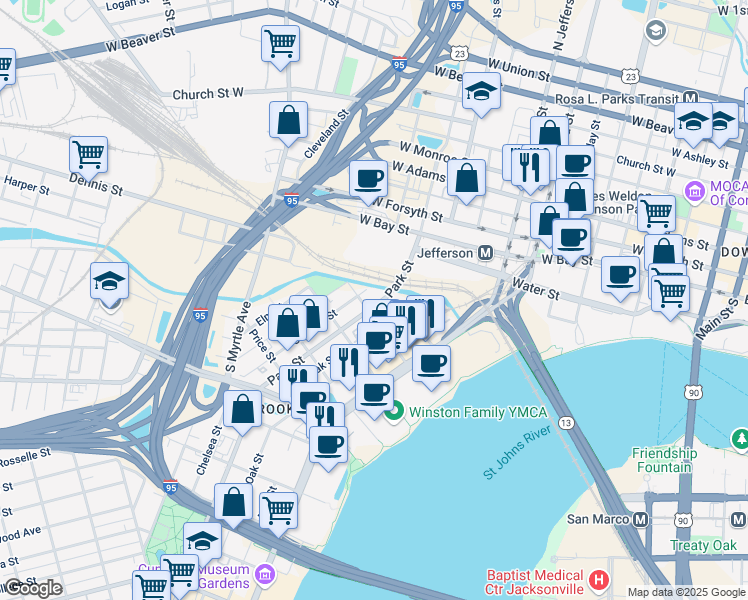 map of restaurants, bars, coffee shops, grocery stores, and more near 80 Park Street in Jacksonville