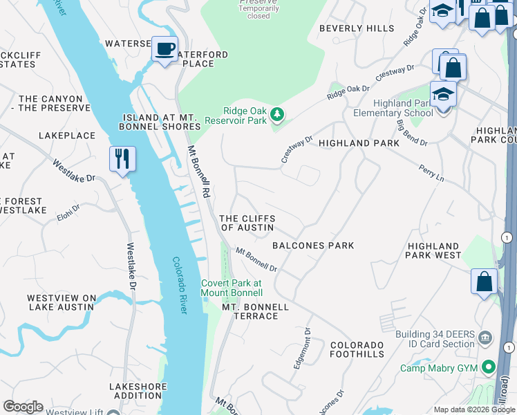 map of restaurants, bars, coffee shops, grocery stores, and more near 3418 Mount Barker Drive in Austin
