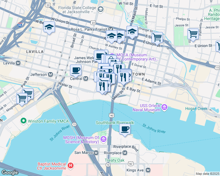 map of restaurants, bars, coffee shops, grocery stores, and more near 1 Independent Drive in Jacksonville