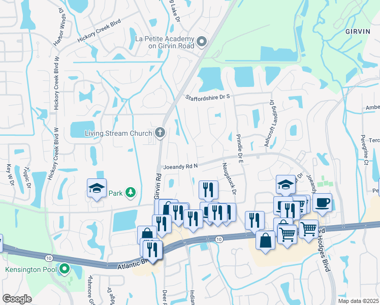 map of restaurants, bars, coffee shops, grocery stores, and more near 217 Nadia Michelle Court South in Jacksonville
