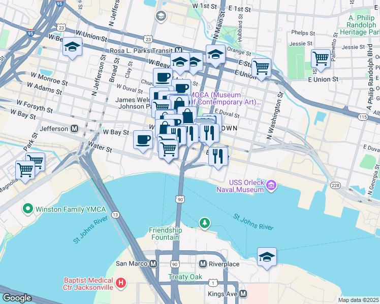 map of restaurants, bars, coffee shops, grocery stores, and more near 123 Main Street South in Jacksonville