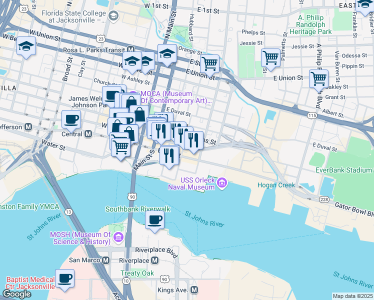 map of restaurants, bars, coffee shops, grocery stores, and more near 25 North Market Street in Jacksonville