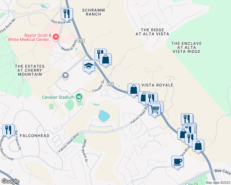 map of restaurants, bars, coffee shops, grocery stores, and more near 3400 Farm to Market 620 North in Austin