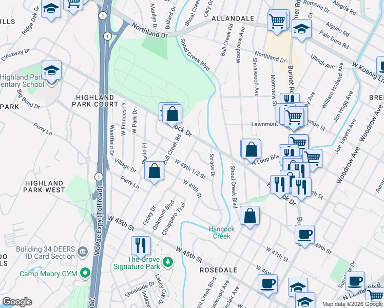 map of restaurants, bars, coffee shops, grocery stores, and more near 2617 Fiset Drive in Austin
