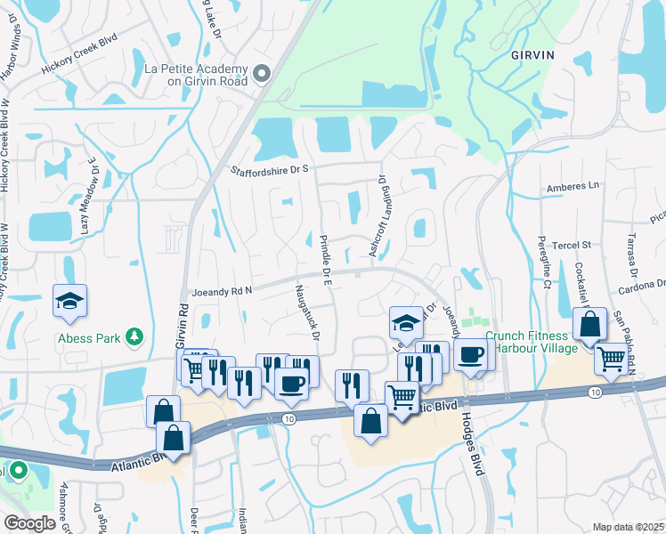 map of restaurants, bars, coffee shops, grocery stores, and more near 13298 Damron Place in Jacksonville