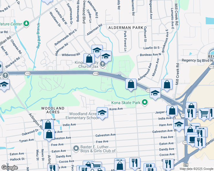 map of restaurants, bars, coffee shops, grocery stores, and more near 544 North Bowlan Street in Jacksonville