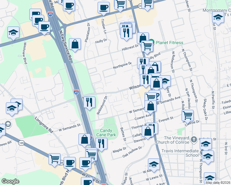 map of restaurants, bars, coffee shops, grocery stores, and more near 1101 Wilson Road in Conroe